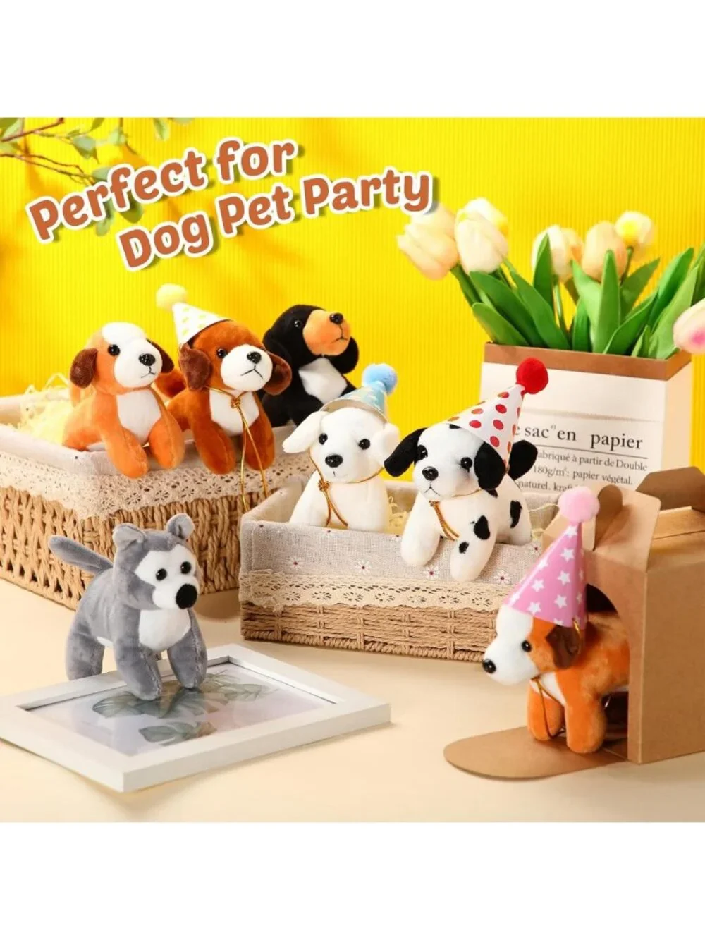 12 Mini Plush Dog Stuffed Animals Set with Birthday Hats & Gift Boxes - Party